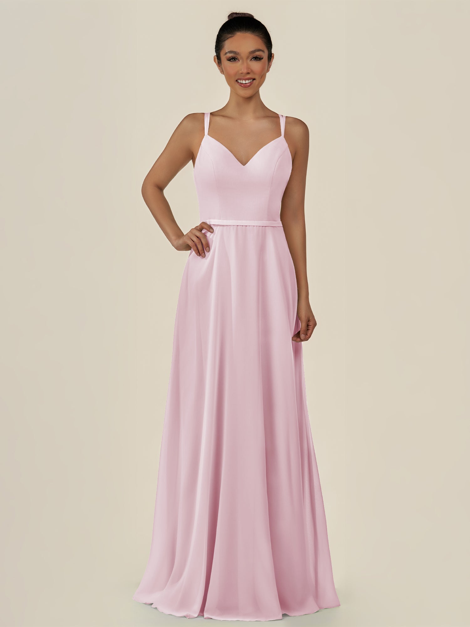 KissDress-Lurne Candy Pink A Line Chiffon V Neck Long Bridesmaid Dress with Cinched Waistline