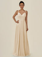 KissDress-Lurne Champagne A Line Chiffon V Neck Long Bridesmaid Dress with Cinched Waistline