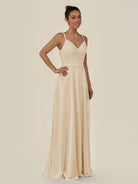 KissDress-Lurne Champagne A Line Chiffon V Neck Long Bridesmaid Dress with Cinched Waistline