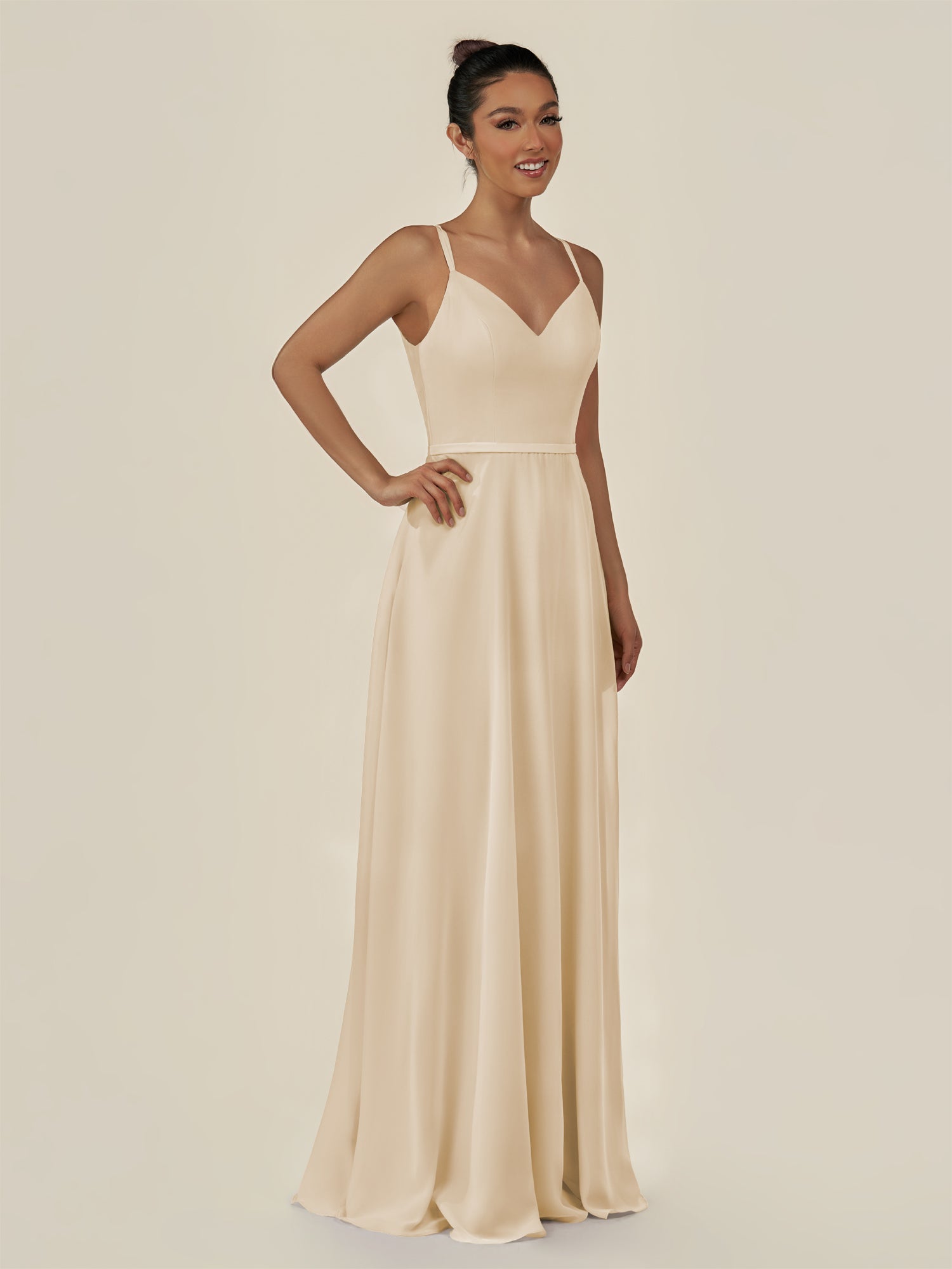 KissDress-Lurne Champagne A Line Chiffon V Neck Long Bridesmaid Dress with Cinched Waistline