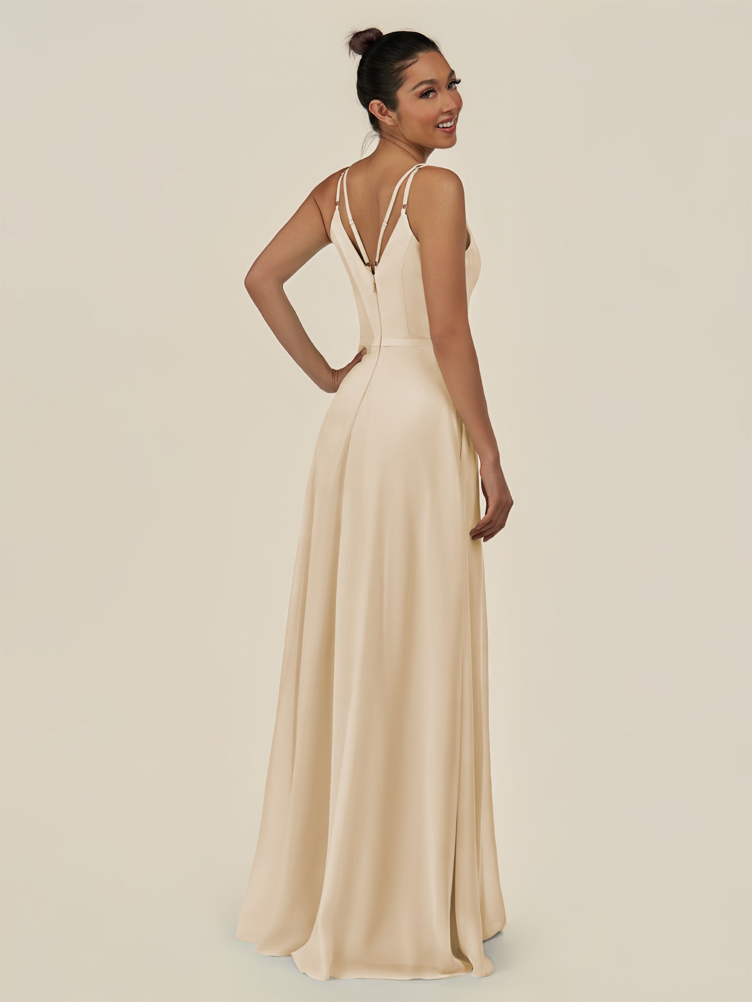 KissDress-Lurne Champagne A Line Chiffon V Neck Long Bridesmaid Dress with Cinched Waistline