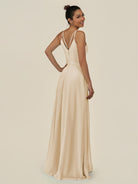 KissDress-Lurne Champagne A Line Chiffon V Neck Long Bridesmaid Dress with Cinched Waistline