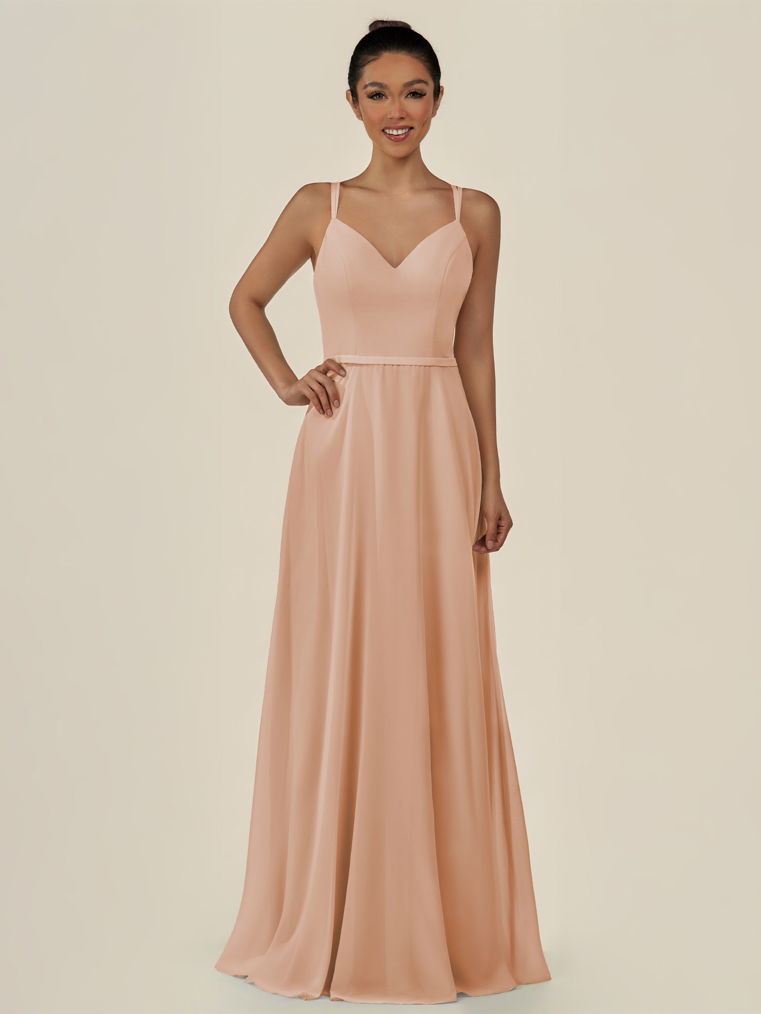 KissDress-Lurne Champagne Rose A Line Chiffon V Neck Long Bridesmaid Dress with Cinched Waistline