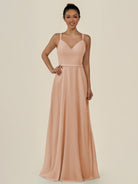 KissDress-Lurne Champagne Rose A Line Chiffon V Neck Long Bridesmaid Dress with Cinched Waistline