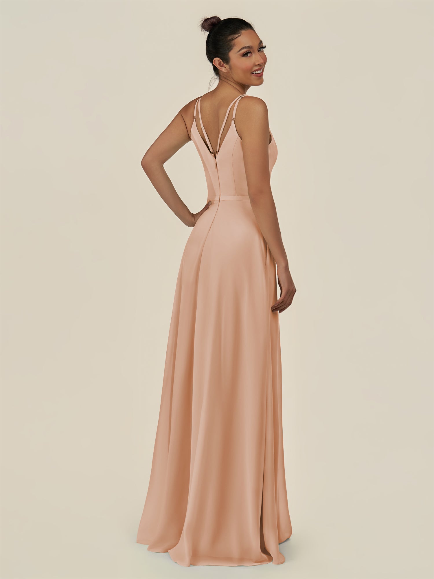 KissDress-Lurne Champagne Rose A Line Chiffon V Neck Long Bridesmaid Dress with Cinched Waistline