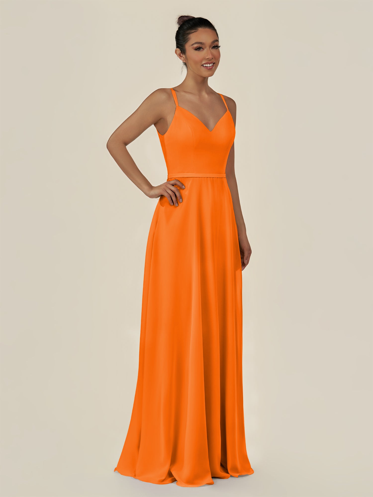 KissDress-Lurne Cinnamon A Line Chiffon V Neck Long Bridesmaid Dress with Cinched Waistline