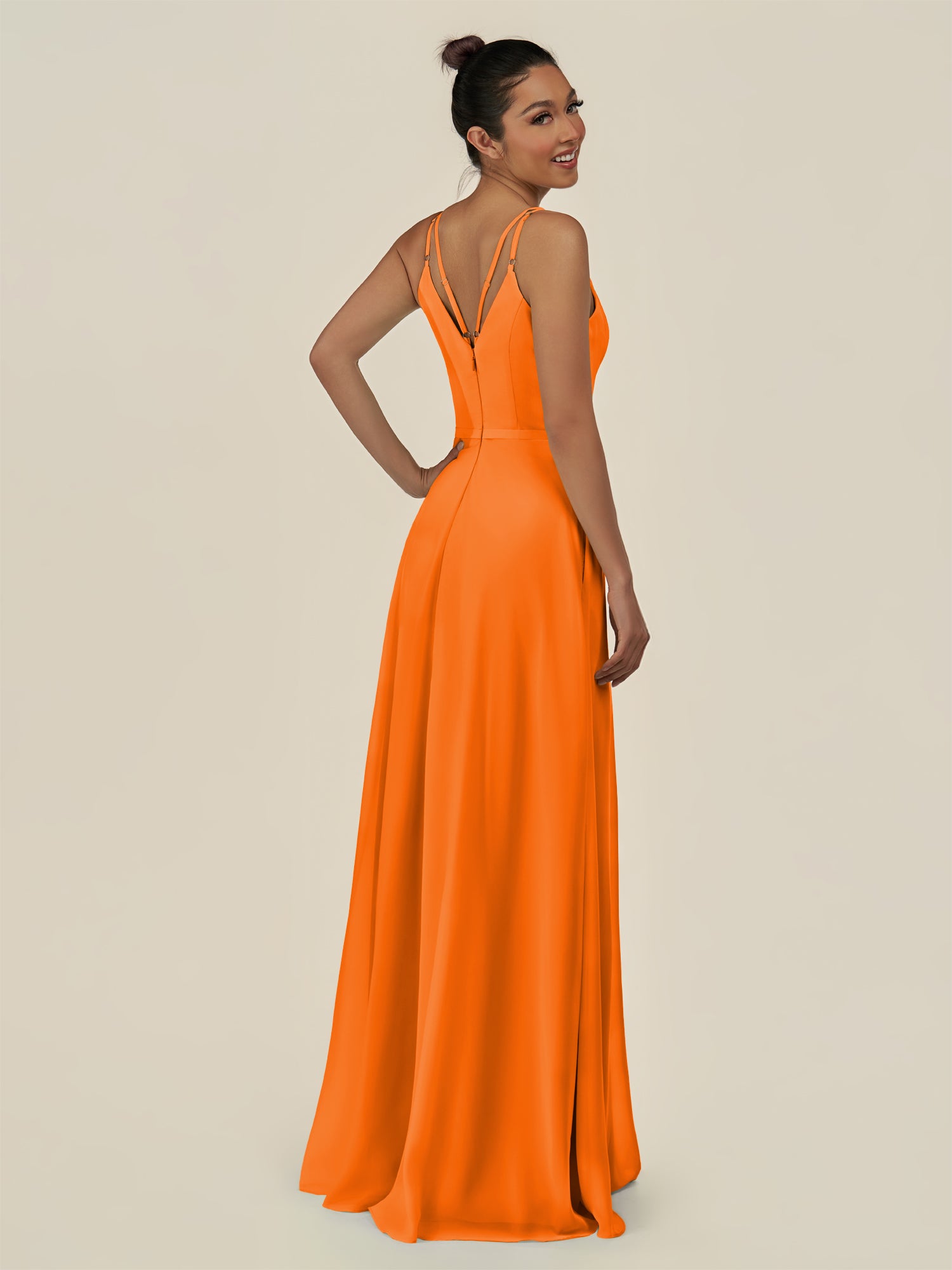 KissDress-Lurne Cinnamon A Line Chiffon V Neck Long Bridesmaid Dress with Cinched Waistline