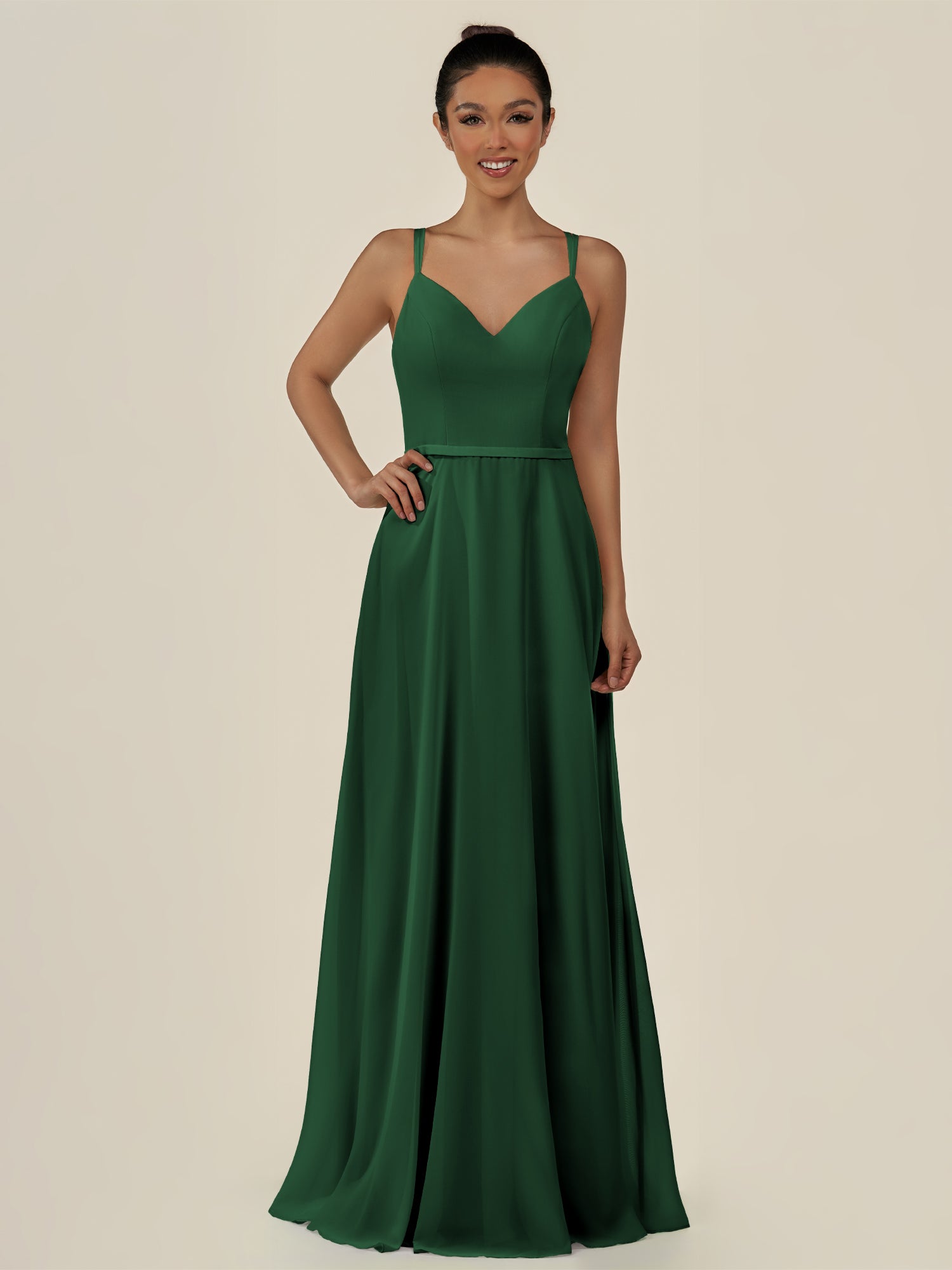 KissDress-Lurne Dark Green A Line Chiffon V Neck Long Bridesmaid Dress with Cinched Waistline
