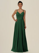 KissDress-Lurne Dark Green A Line Chiffon V Neck Long Bridesmaid Dress with Cinched Waistline