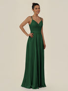 KissDress-Lurne Dark Green A Line Chiffon V Neck Long Bridesmaid Dress with Cinched Waistline