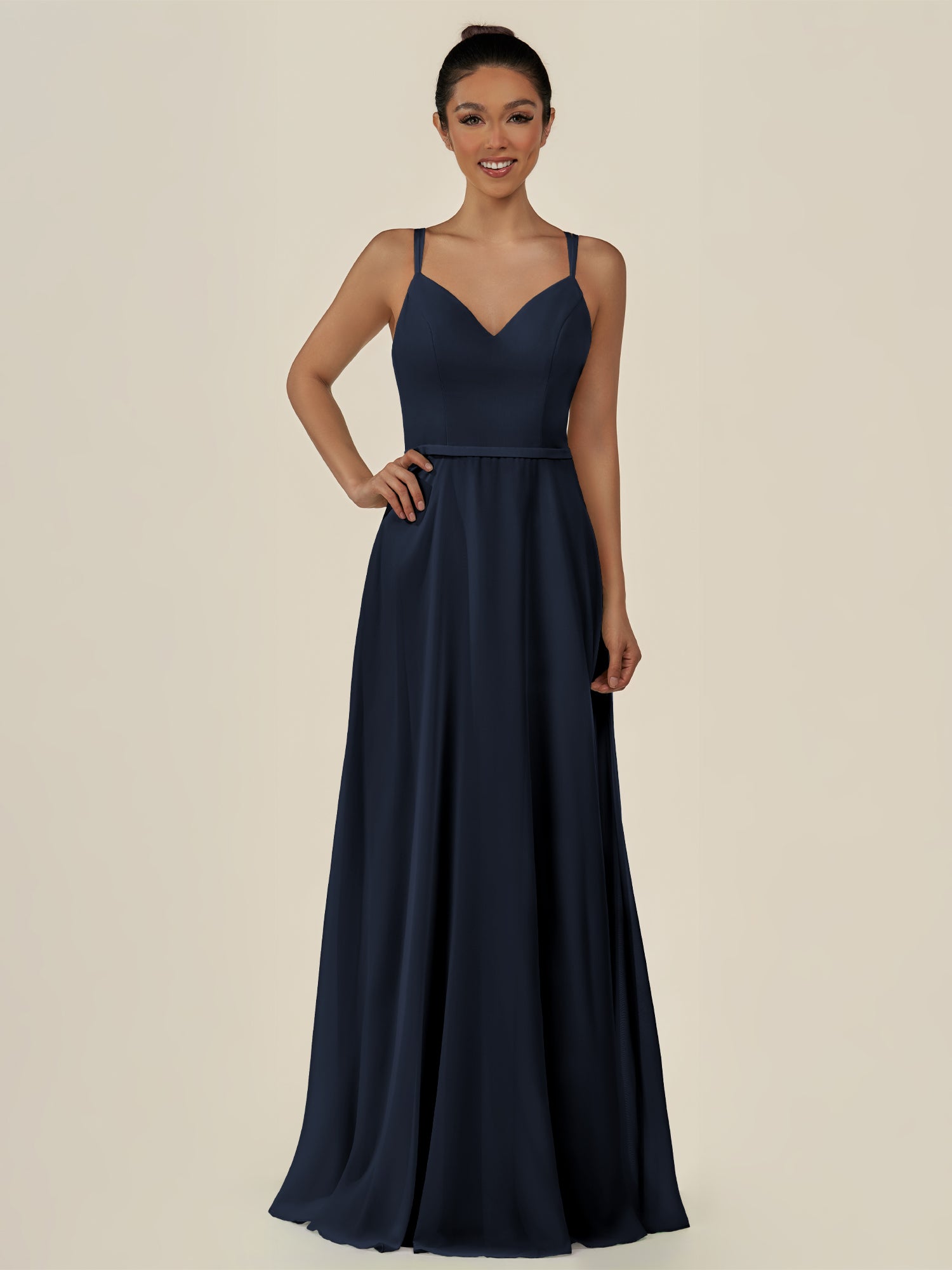 KissDress-Lurne Dark Navy A Line Chiffon V Neck Long Bridesmaid Dress with Cinched Waistline