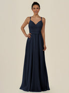 KissDress-Lurne Dark Navy A Line Chiffon V Neck Long Bridesmaid Dress with Cinched Waistline