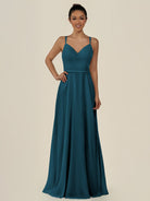 KissDress-Lurne Dark Teal A Line Chiffon V Neck Long Bridesmaid Dress with Cinched Waistline