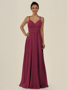KissDress-Lurne Desert Rose A Line Chiffon V Neck Long Bridesmaid Dress with Cinched Waistline