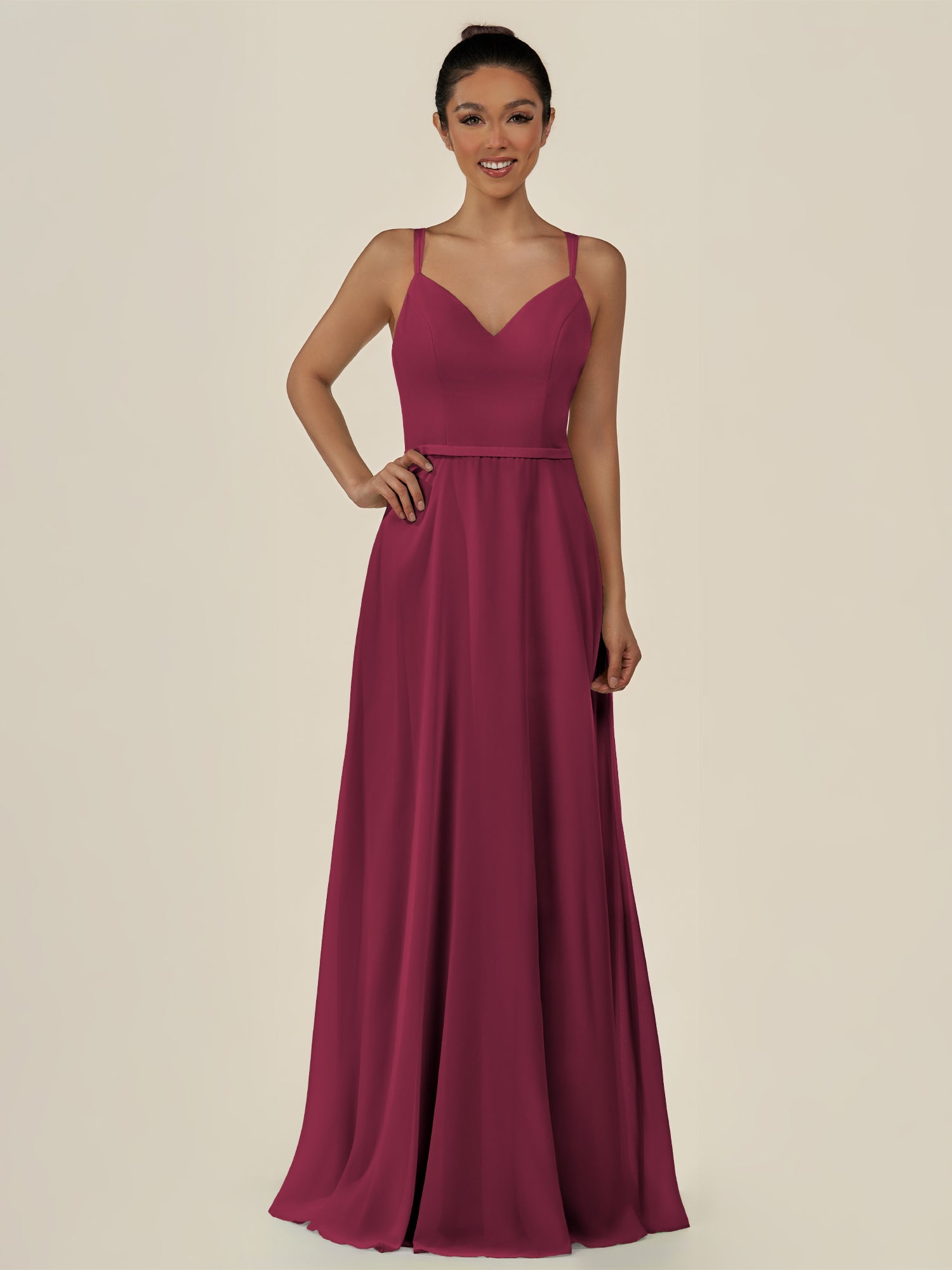 KissDress-Lurne Desert Rose A Line Chiffon V Neck Long Bridesmaid Dress with Cinched Waistline