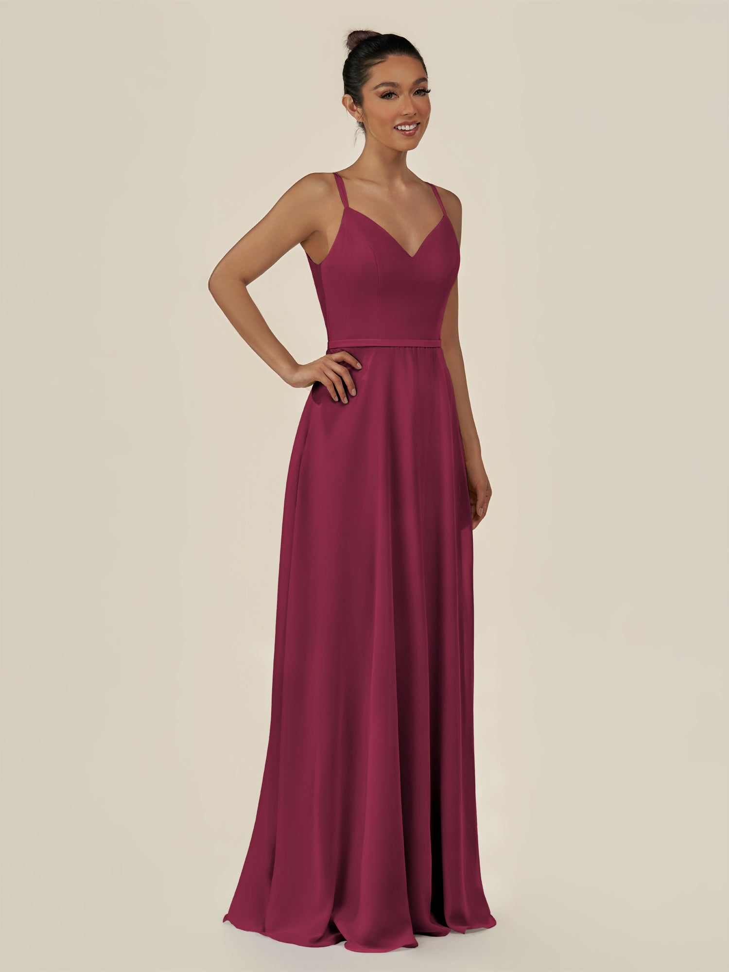 KissDress-Lurne Desert Rose A Line Chiffon V Neck Long Bridesmaid Dress with Cinched Waistline