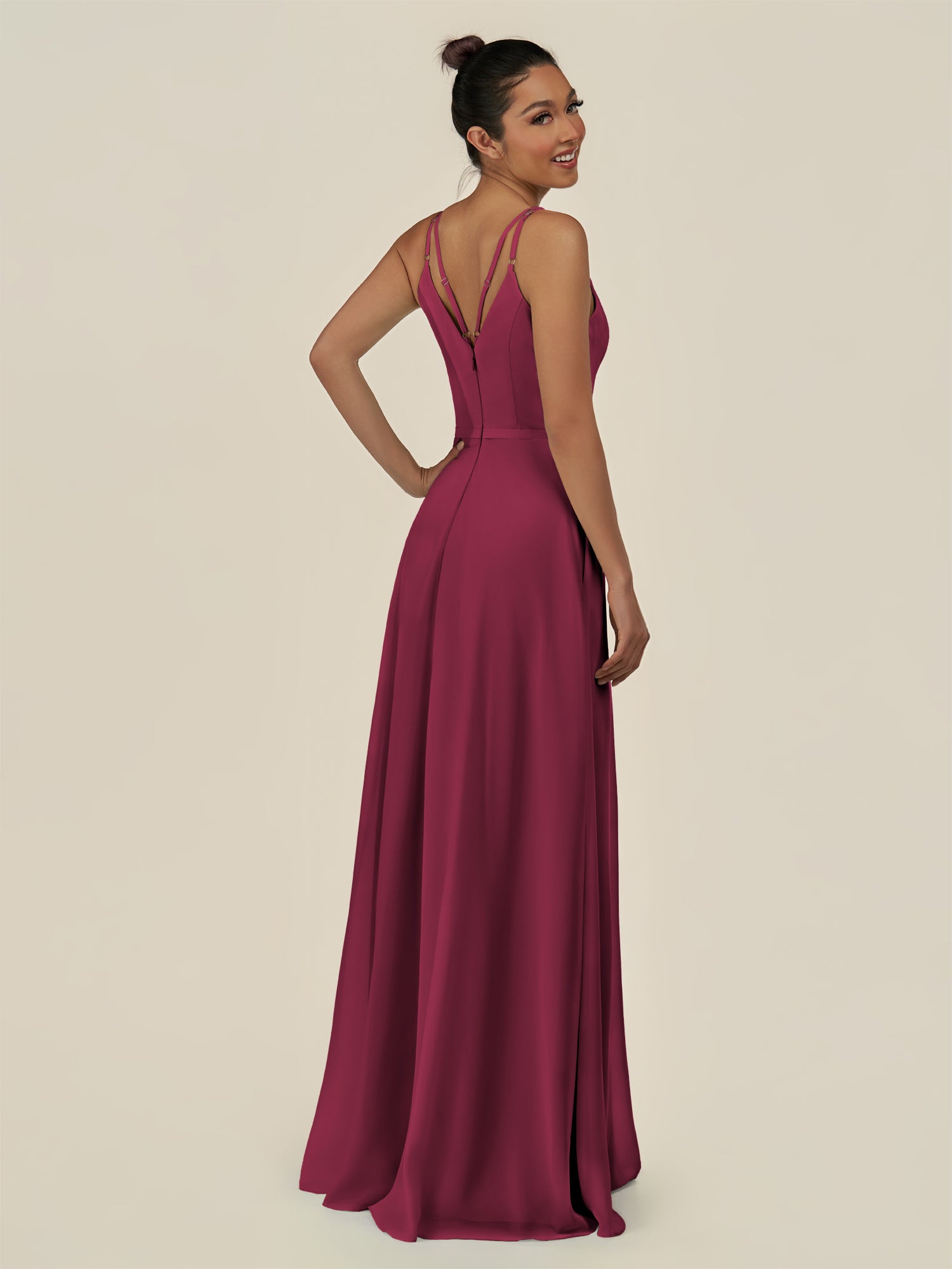 KissDress-Lurne Desert Rose A Line Chiffon V Neck Long Bridesmaid Dress with Cinched Waistline