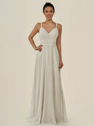 KissDress-Lurne Dove Gray A Line Chiffon V Neck Long Bridesmaid Dress with Cinched Waistline