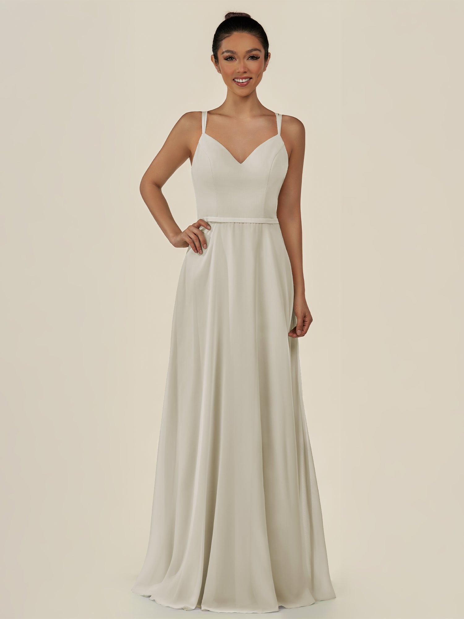 KissDress-Lurne Dove Gray A Line Chiffon V Neck Long Bridesmaid Dress with Cinched Waistline