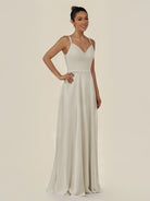 KissDress-Lurne Dove Gray A Line Chiffon V Neck Long Bridesmaid Dress with Cinched Waistline