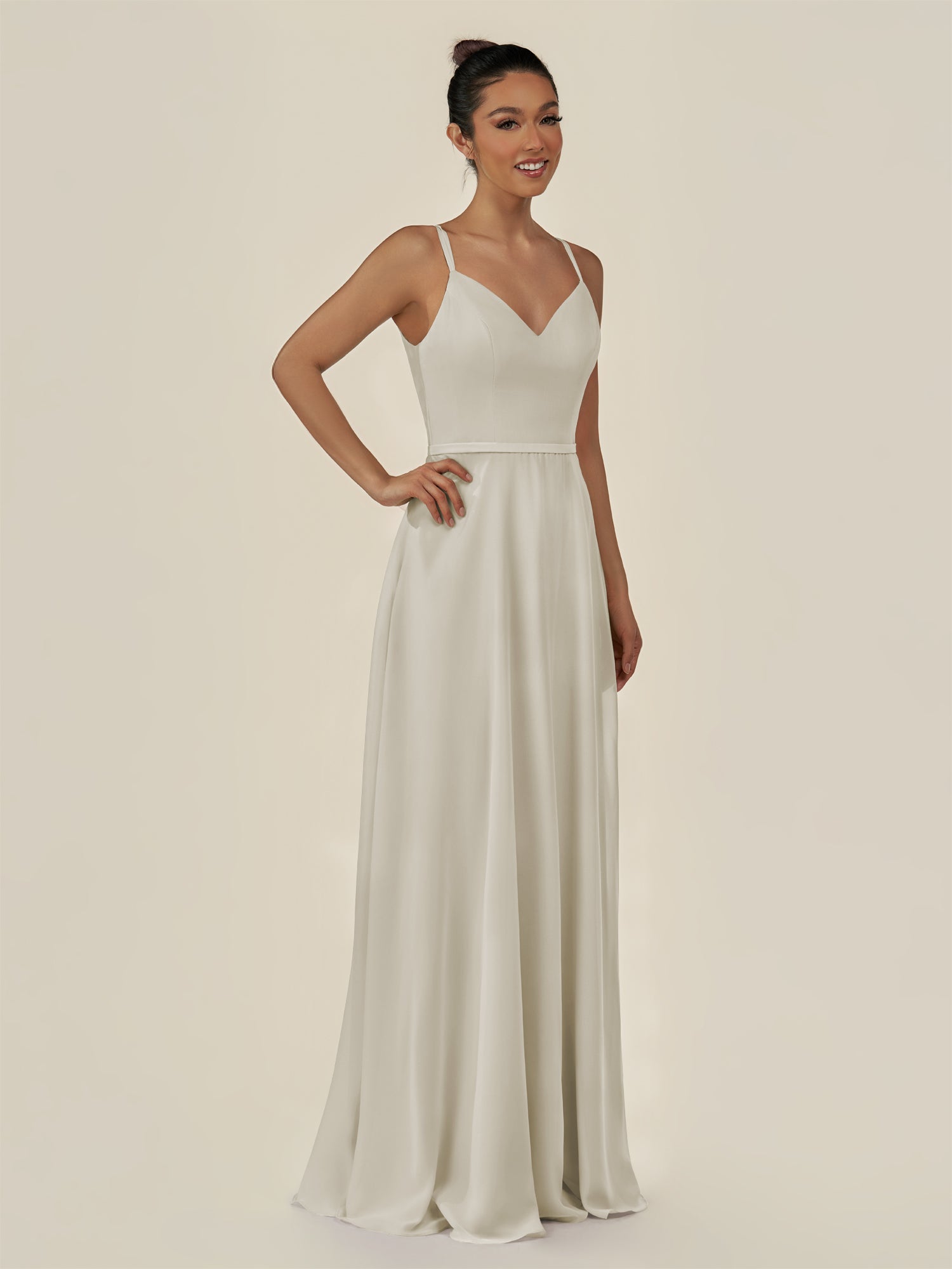 KissDress-Lurne Dove Gray A Line Chiffon V Neck Long Bridesmaid Dress with Cinched Waistline