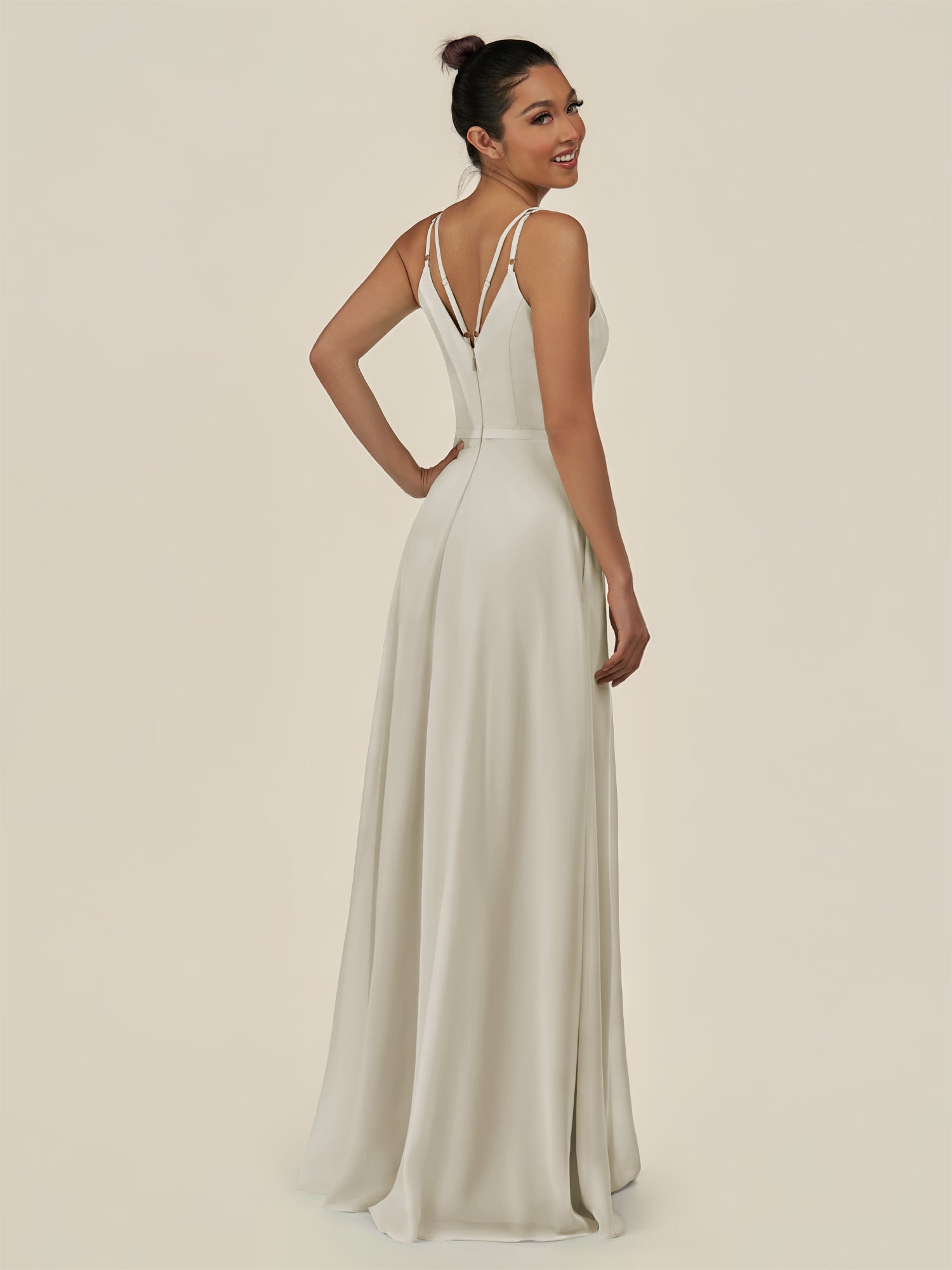 KissDress-Lurne Dove Gray A Line Chiffon V Neck Long Bridesmaid Dress with Cinched Waistline