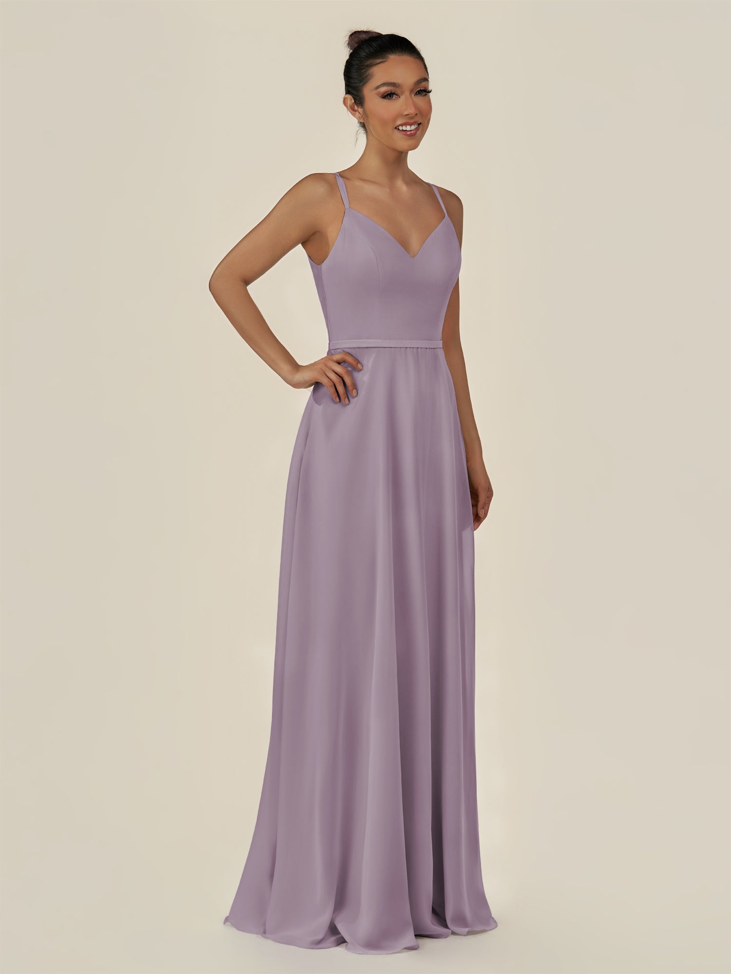 KissDress-Lurne Dusk A Line Chiffon V Neck Long Bridesmaid Dress with Cinched Waistline