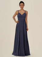 KissDress-Lurne Dusk Blue A Line Chiffon V Neck Long Bridesmaid Dress with Cinched Waistline