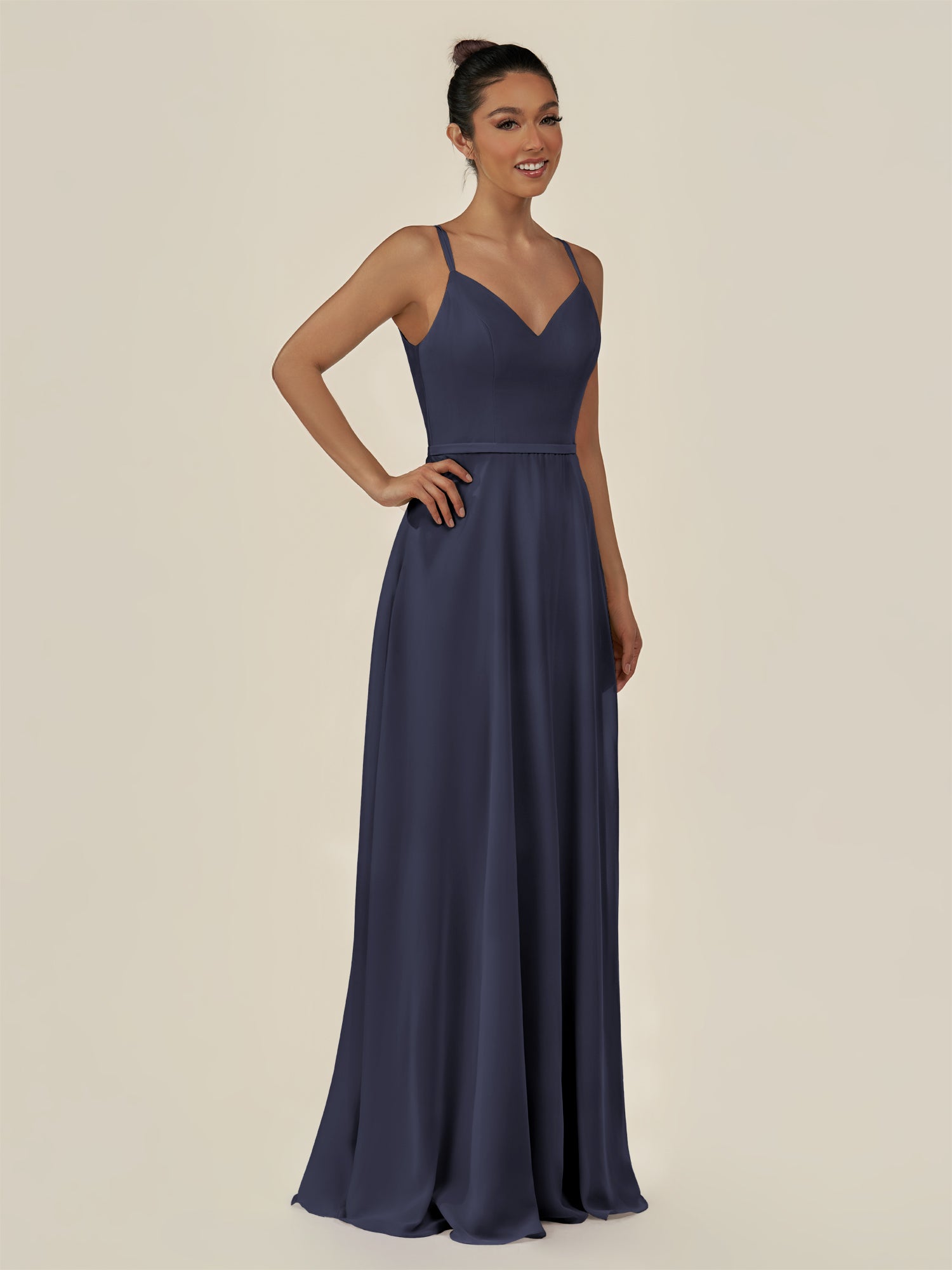 KissDress-Lurne Dusk Blue A Line Chiffon V Neck Long Bridesmaid Dress with Cinched Waistline