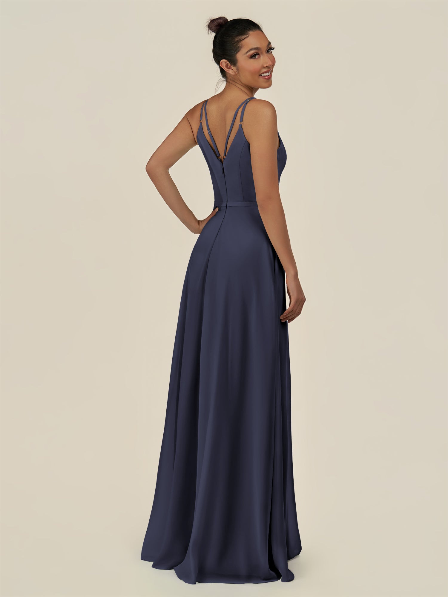 KissDress-Lurne Dusk Blue A Line Chiffon V Neck Long Bridesmaid Dress with Cinched Waistline