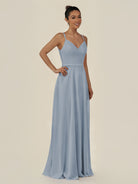 KissDress-Lurne Dusty Blue A Line Chiffon V Neck Long Bridesmaid Dress with Cinched Waistline