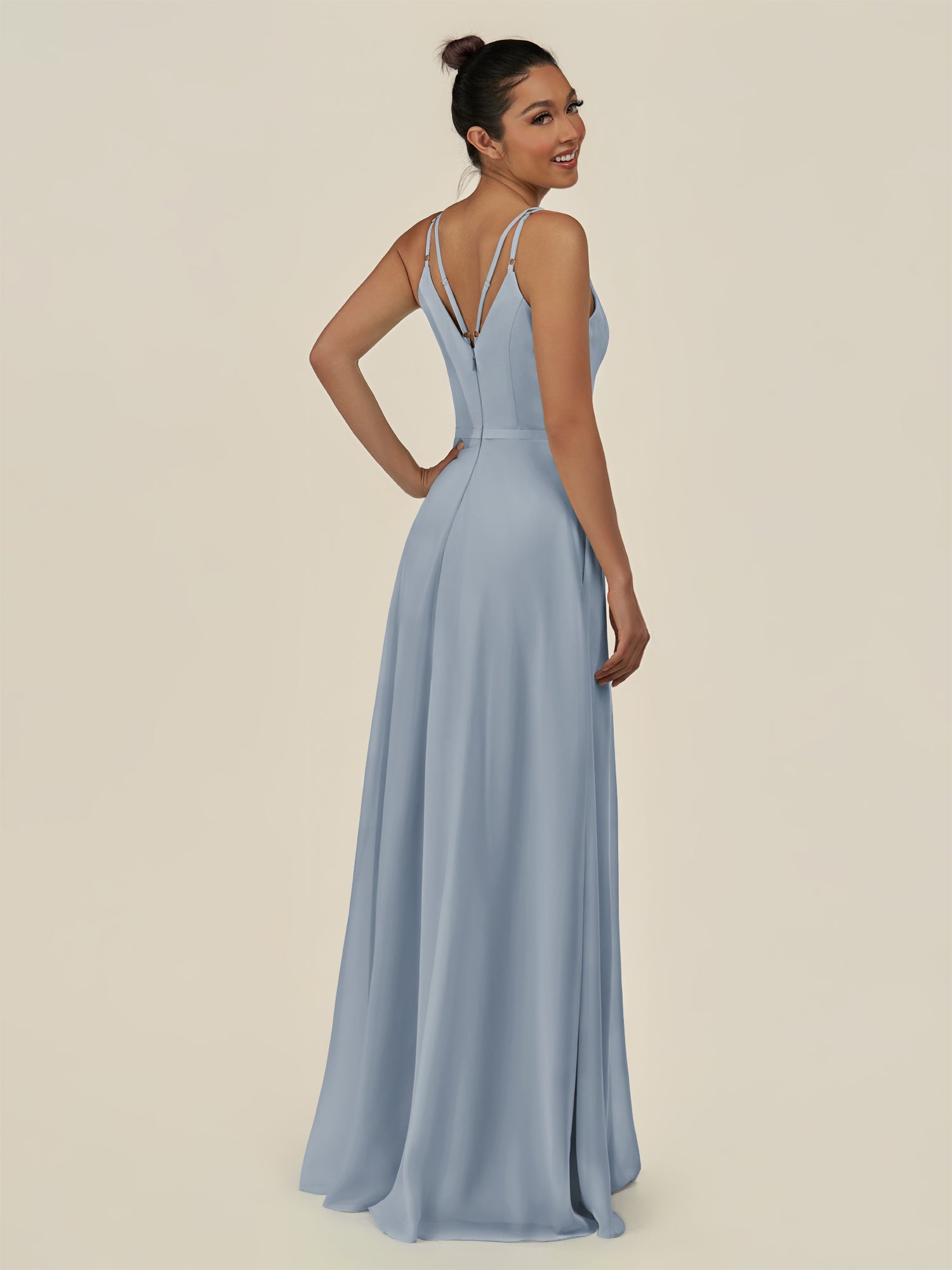 KissDress-Lurne Dusty Blue A Line Chiffon V Neck Long Bridesmaid Dress with Cinched Waistline