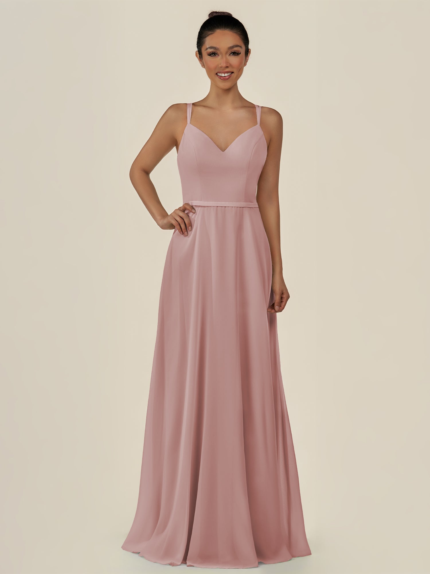 KissDress-Lurne Dusty Rose A Line Chiffon V Neck Long Bridesmaid Dress with Cinched Waistline