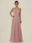 KissDress-Lurne Dusty Rose A Line Chiffon V Neck Long Bridesmaid Dress with Cinched Waistline