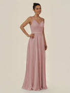 KissDress-Lurne Dusty Rose A Line Chiffon V Neck Long Bridesmaid Dress with Cinched Waistline