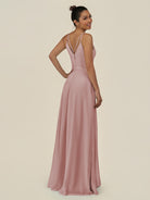KissDress-Lurne Dusty Rose A Line Chiffon V Neck Long Bridesmaid Dress with Cinched Waistline