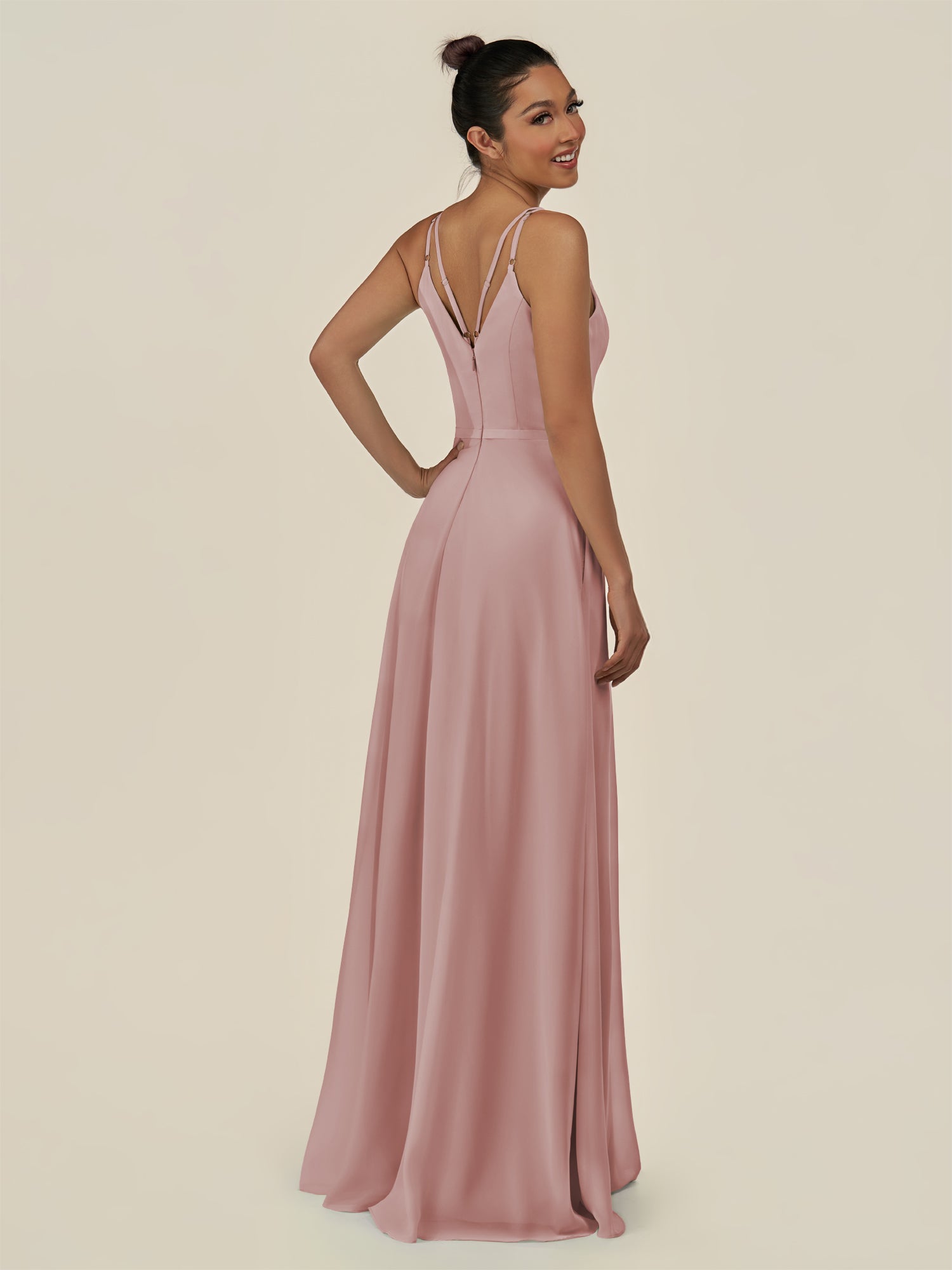 KissDress-Lurne Dusty Rose A Line Chiffon V Neck Long Bridesmaid Dress with Cinched Waistline