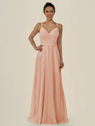 KissDress-Lurne English Rose A Line Chiffon V Neck Long Bridesmaid Dress with Cinched Waistline