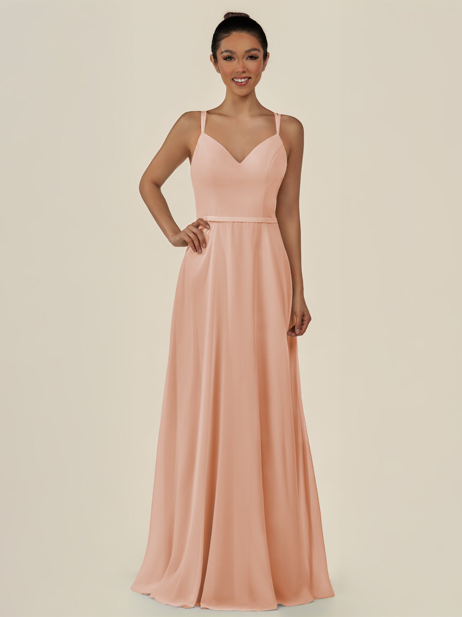 KissDress-Lurne English Rose A Line Chiffon V Neck Long Bridesmaid Dress with Cinched Waistline
