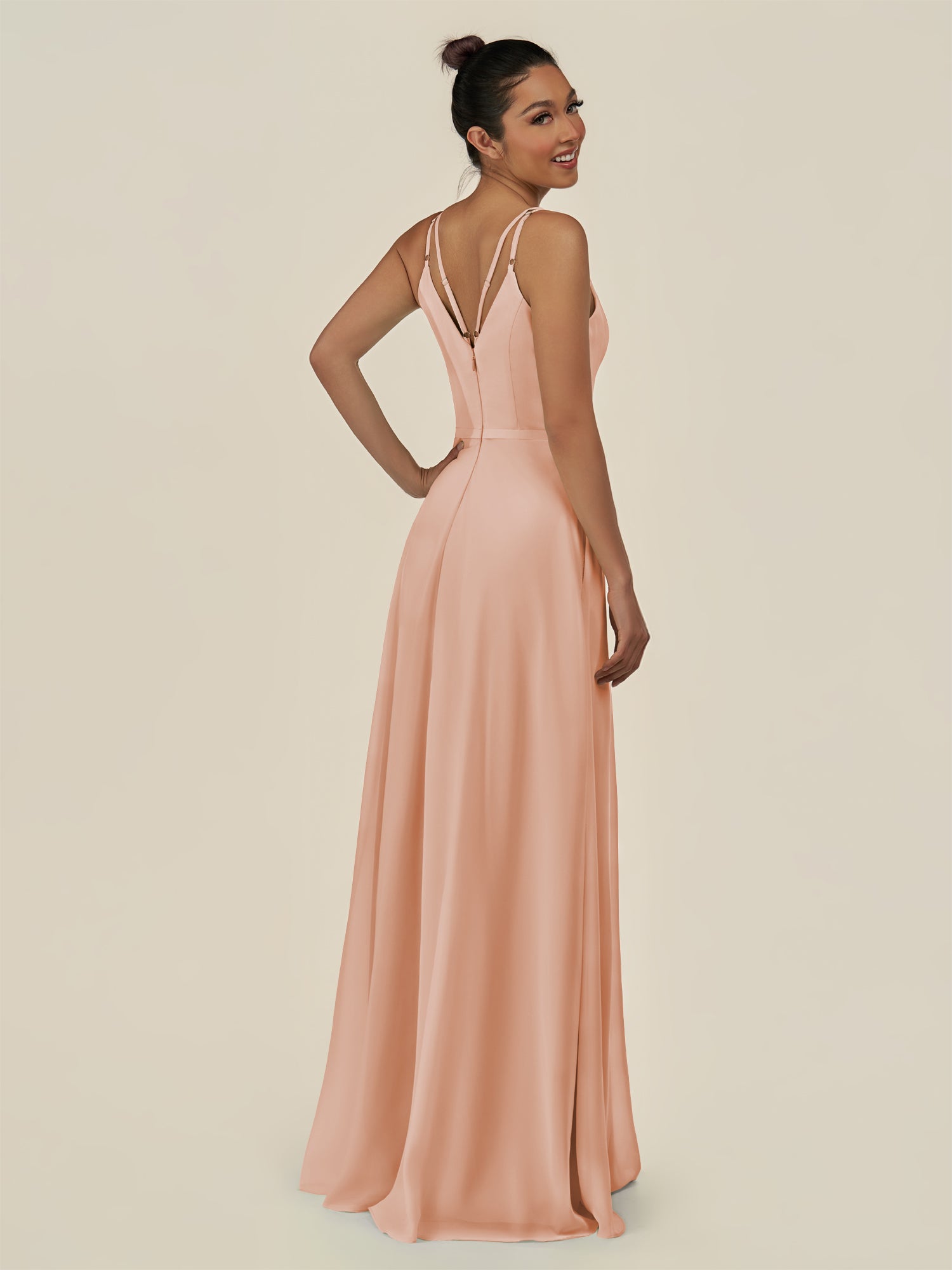 KissDress-Lurne English Rose A Line Chiffon V Neck Long Bridesmaid Dress with Cinched Waistline