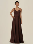 KissDress-Lurne Espresso A Line Chiffon V Neck Long Bridesmaid Dress with Cinched Waistline