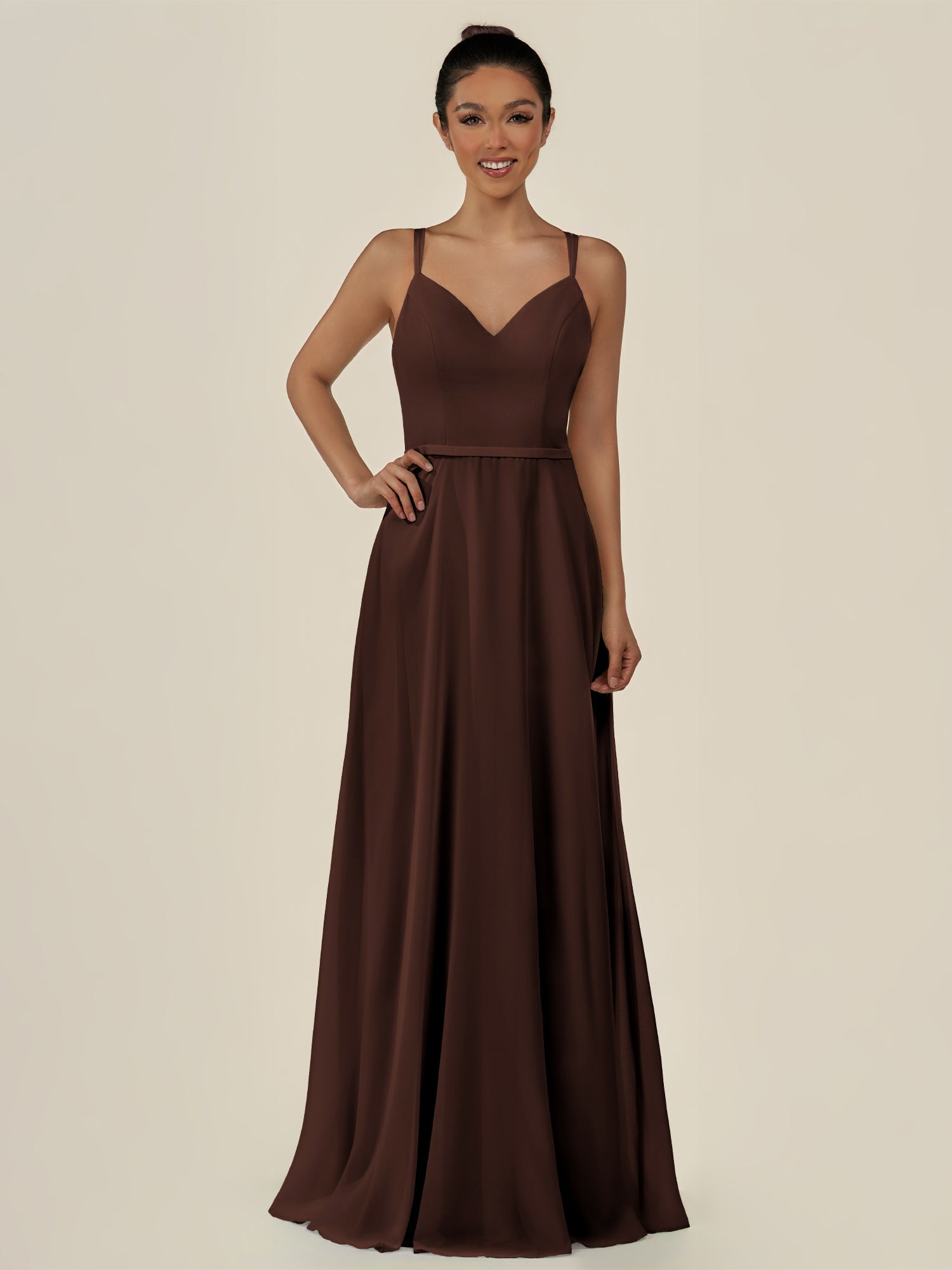 KissDress-Lurne Espresso A Line Chiffon V Neck Long Bridesmaid Dress with Cinched Waistline