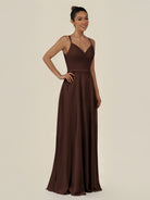 KissDress-Lurne Espresso A Line Chiffon V Neck Long Bridesmaid Dress with Cinched Waistline