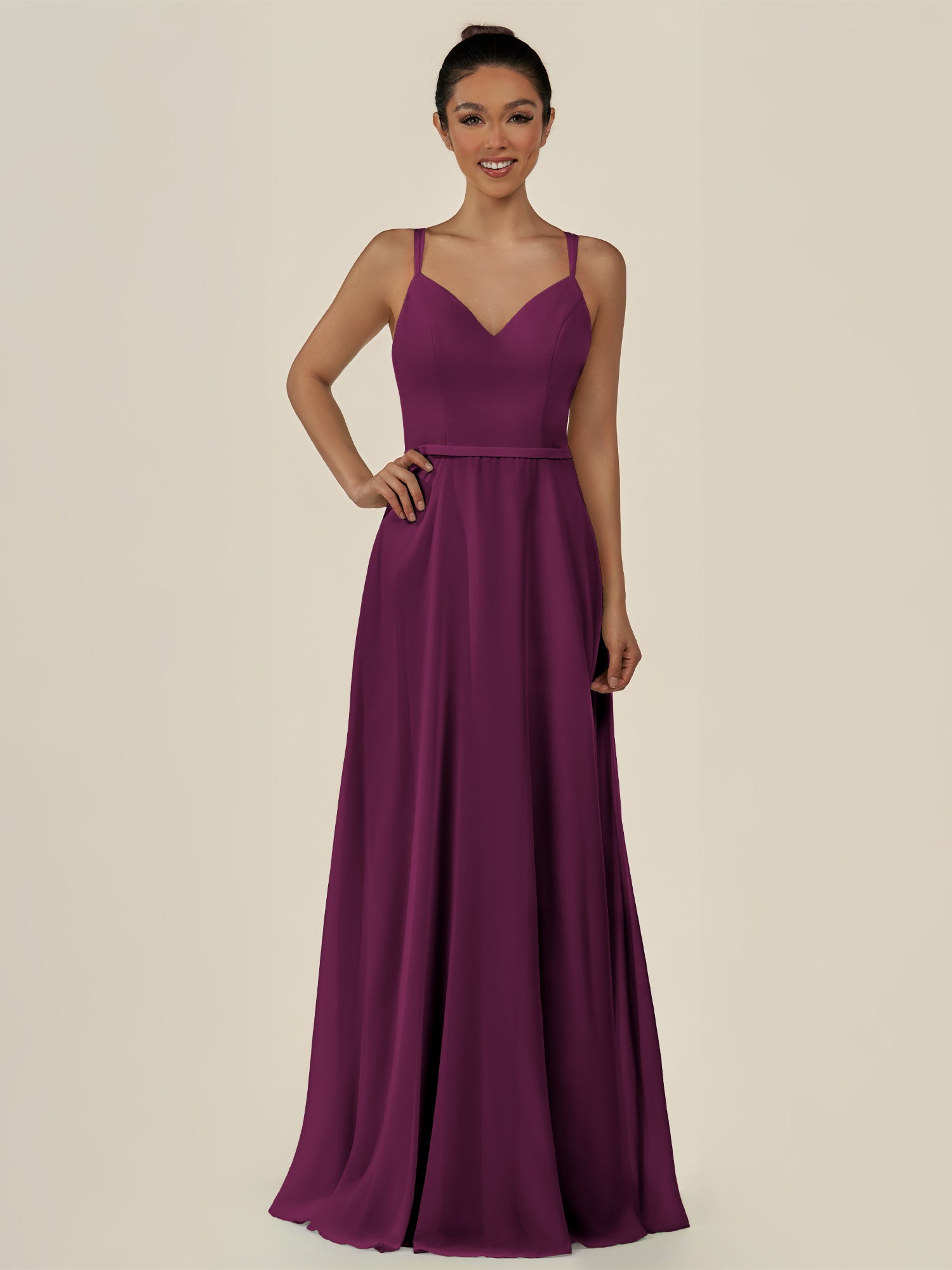 KissDress-Lurne Fig A Line Chiffon V Neck Long Bridesmaid Dress with Cinched Waistline