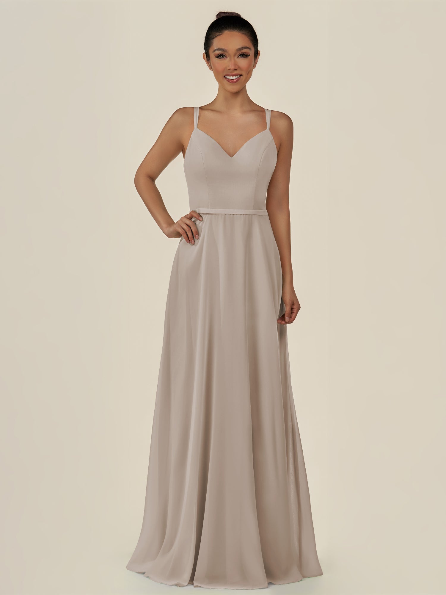 KissDress-Lurne Frost A Line Chiffon V Neck Long Bridesmaid Dress with Cinched Waistline
