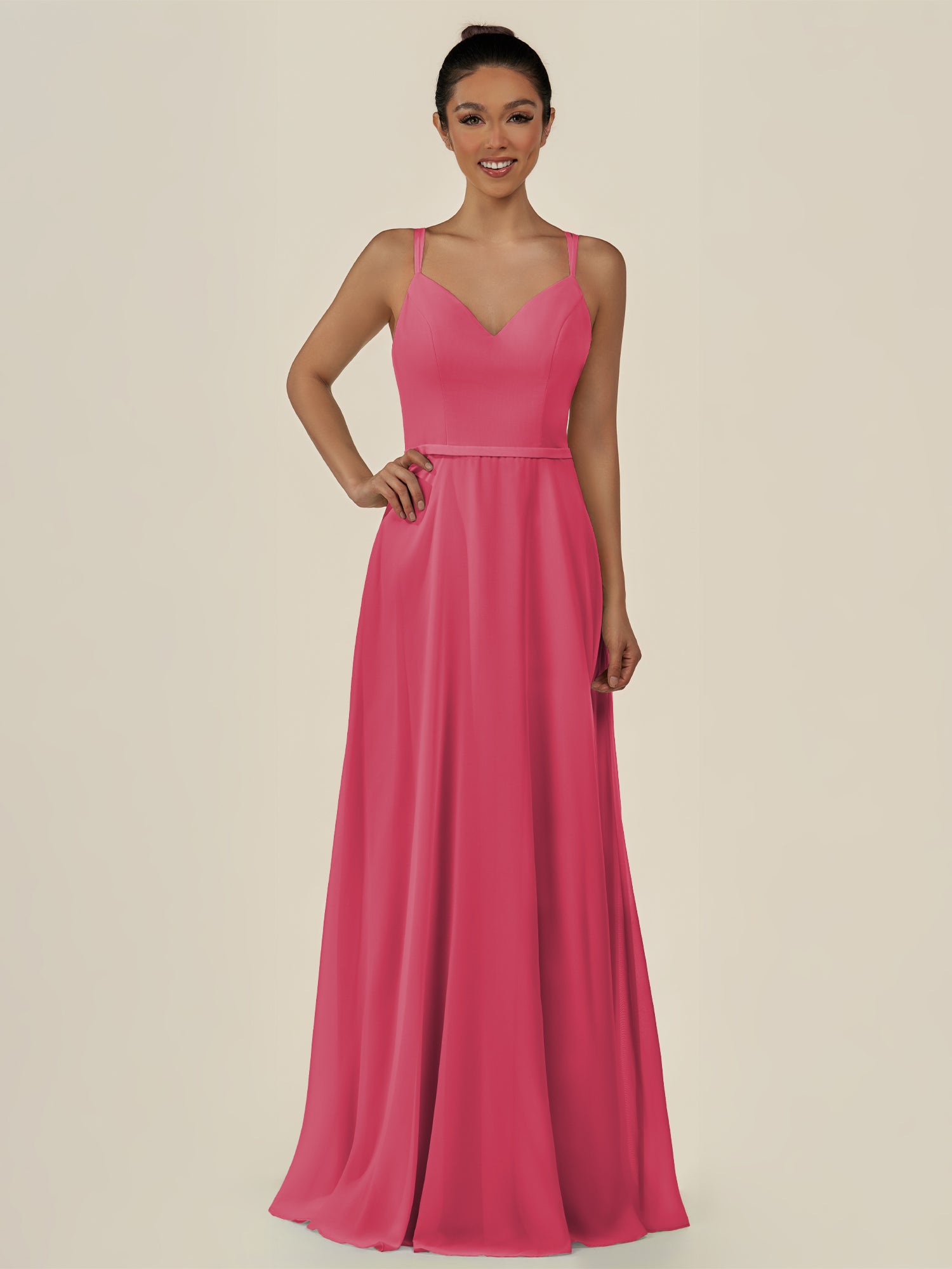 KissDress-Lurne Fuchsia A Line Chiffon V Neck Long Bridesmaid Dress with Cinched Waistline