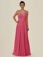 KissDress-Lurne Fuchsia A Line Chiffon V Neck Long Bridesmaid Dress with Cinched Waistline