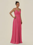 KissDress-Lurne Fuchsia A Line Chiffon V Neck Long Bridesmaid Dress with Cinched Waistline