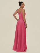 KissDress-Lurne Fuchsia A Line Chiffon V Neck Long Bridesmaid Dress with Cinched Waistline