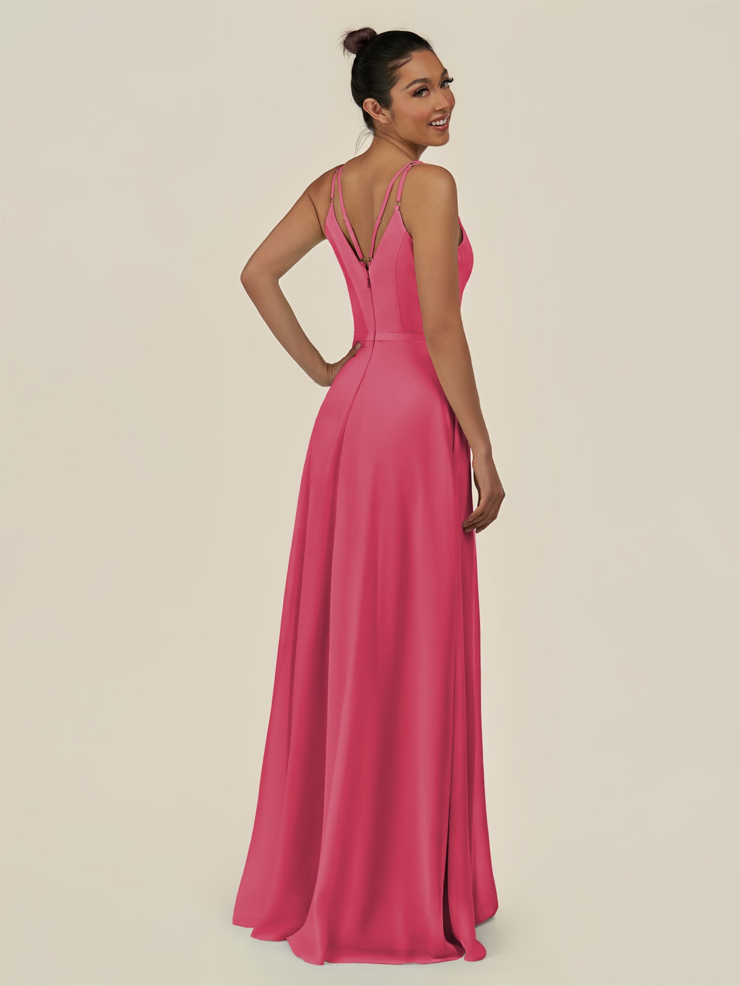 KissDress-Lurne Fuchsia A Line Chiffon V Neck Long Bridesmaid Dress with Cinched Waistline